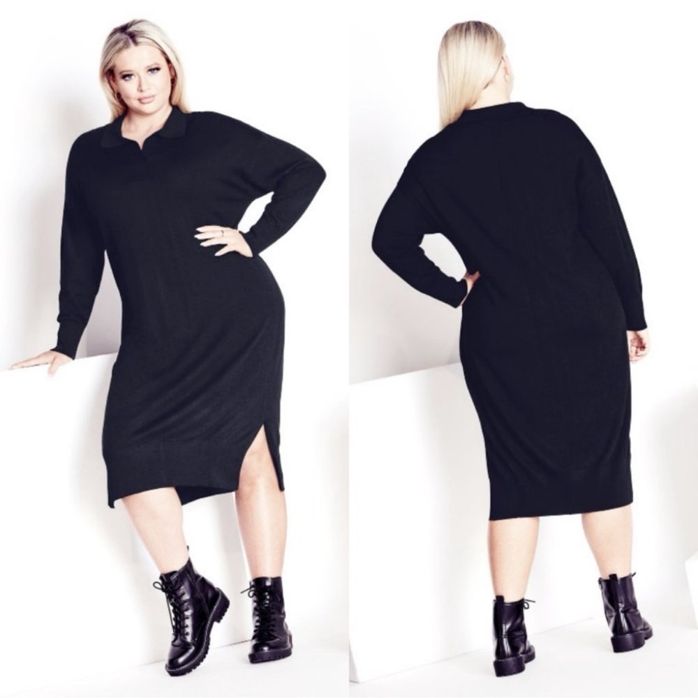 NWT City Chic ISOLDE ROTH Black Side Slit Knit Shirt Dress Size 18/20